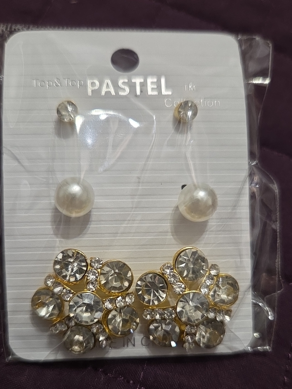 Top & Top Pastel Gold Crystal Cluster and Pearl Drop Earrings